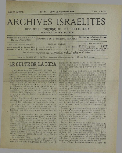 Archives israélites de France. Vol.79 N°39 (26 sept. 1918)